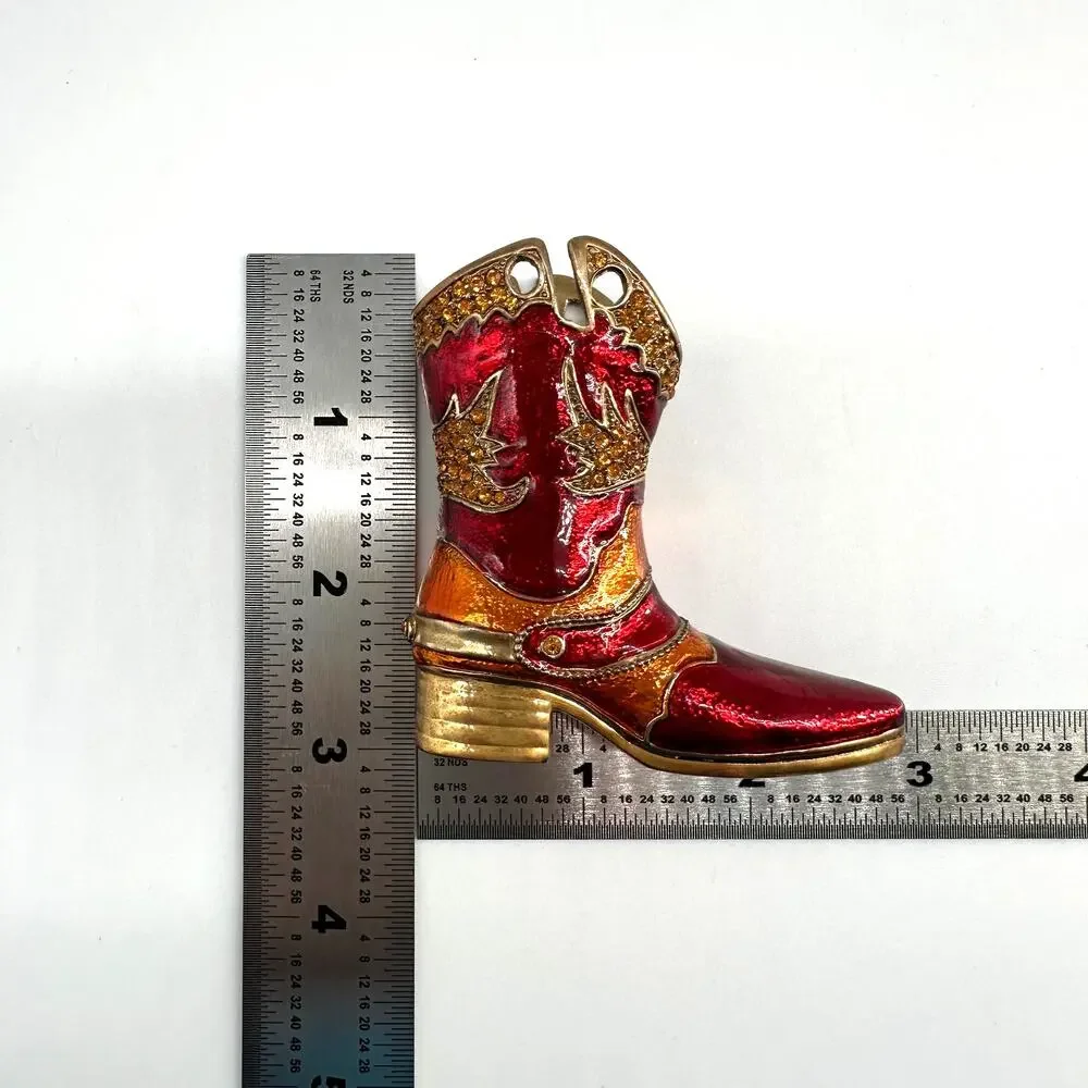 Red Enamel Cowboy Boot Figurine Amber Rhinestone Paperweight Heavy Metal Decor